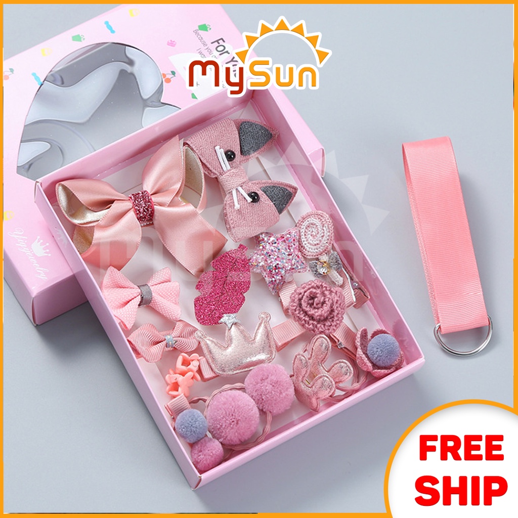 Kẹp tóc cho bé gái 15 CHI TIẾT Hộp nơ dây buộc cài tóc trẻ em, phụ kiện cặp tóc cho bé gái xinh xắn Hàn Quốc - MYSUN