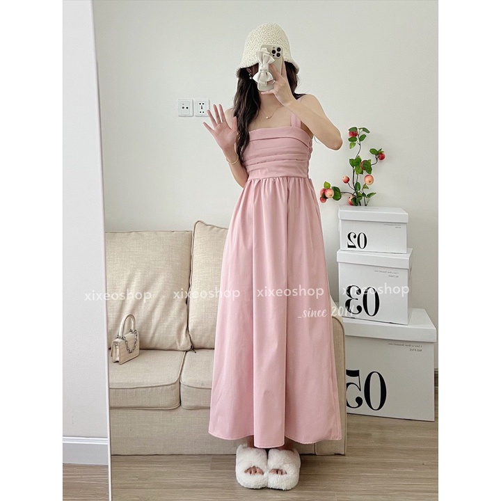 Váy 2 dây dáng dài chun lưng phong cách Hàn Quốc,Xếp Ly Ngực Triết Eo Dáng Xòe 4 Màu | BigBuy360 - bigbuy360.vn