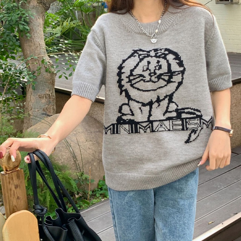 Áo Sweater Dệt Kim Tay Ngắn Cổ Tròn Dáng Rộng In Hoạt Hình Thời Trang Mùa Hè 2023 Cho Nữ