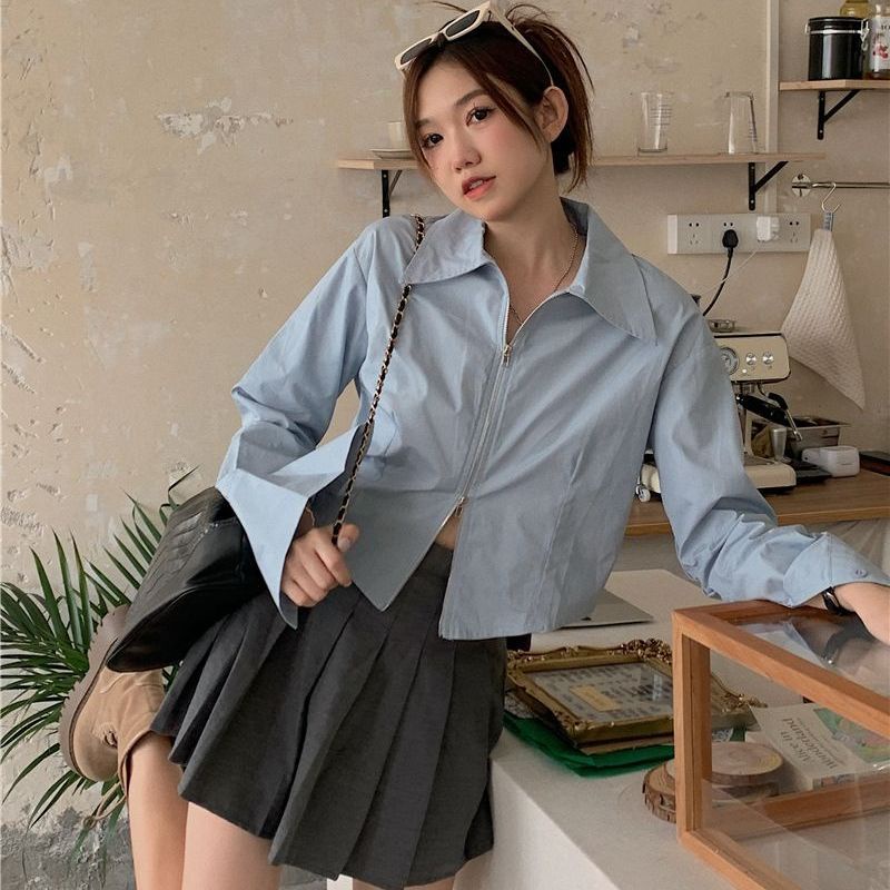 COZOK Áo Sơ Mi Dài Tay Màu Trơn Phối Khóa Kéo Thời Trang