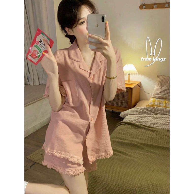 Bộ Đồ Ngủ Mỏng Ngắn Tay Dáng Rộng Màu Hồng Phong Cách Mới Ngọt Ngào Cho Nữ