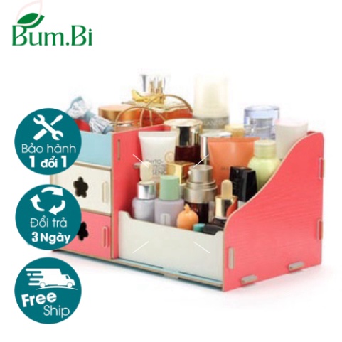 Kệ đựng mỹ phẩm bằng gỗ lắp ráp kiểu dáng độc đáo, Kệ để đồ trang điểm 4 ngăn đa năng loại lớn lắp ráp được