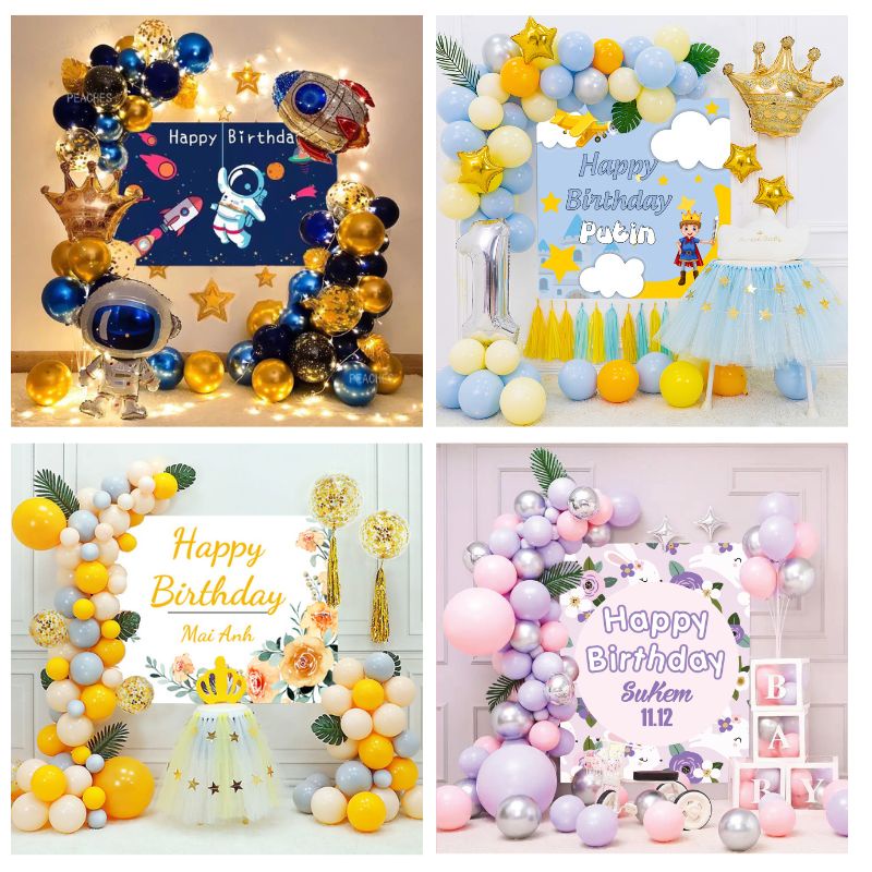 Set trang trí sinh nhật cho bé, có phông in tên bé, tone vàng đủ bóng, tặng kèm bơm tay và băng keo