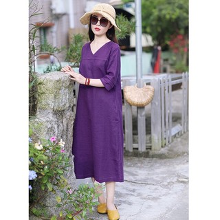 Đầm váy suông trung niên Linen Premium cổ tim tay lỡ không kén dáng mặc, có 3 màu lựa chọn - DS35