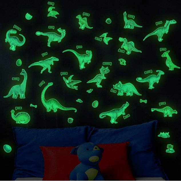 Decal trang trí tường - Những chú khủng long dạ quang xanh