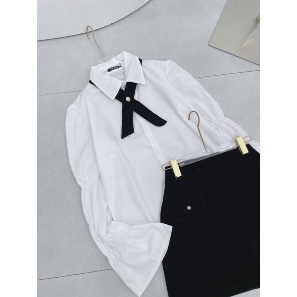 [ 𝐅𝐑𝐄𝐄 𝐒𝐇𝐈𝐏 ] Sét sơmi thiết kế nhún tay  Áo chất thô sơmi lên form điệu, cổ có dây chéo nơ chất nhung, có thể tháo rời