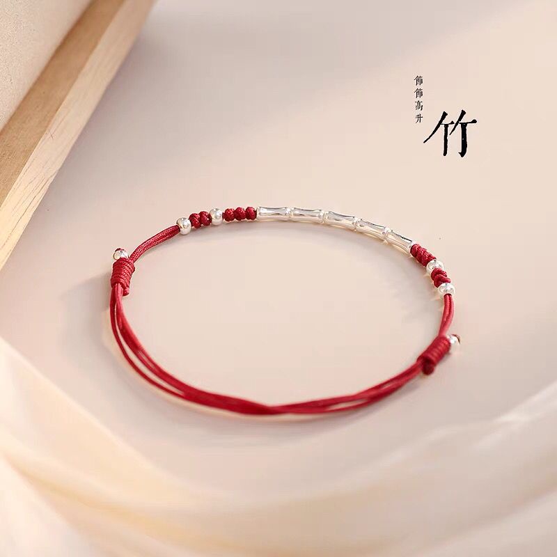Vòng Đeo Tay Bạc S925 Dây Bện Bằng Tre Màu Đỏ Dành Cho Nữ
