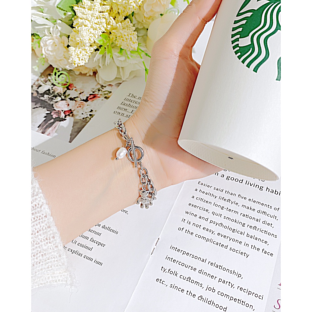 Vòng Tay Ngọc Trai Tự Nhiên Bằng Thép Titan Cao Cấp Phong Cách Retro