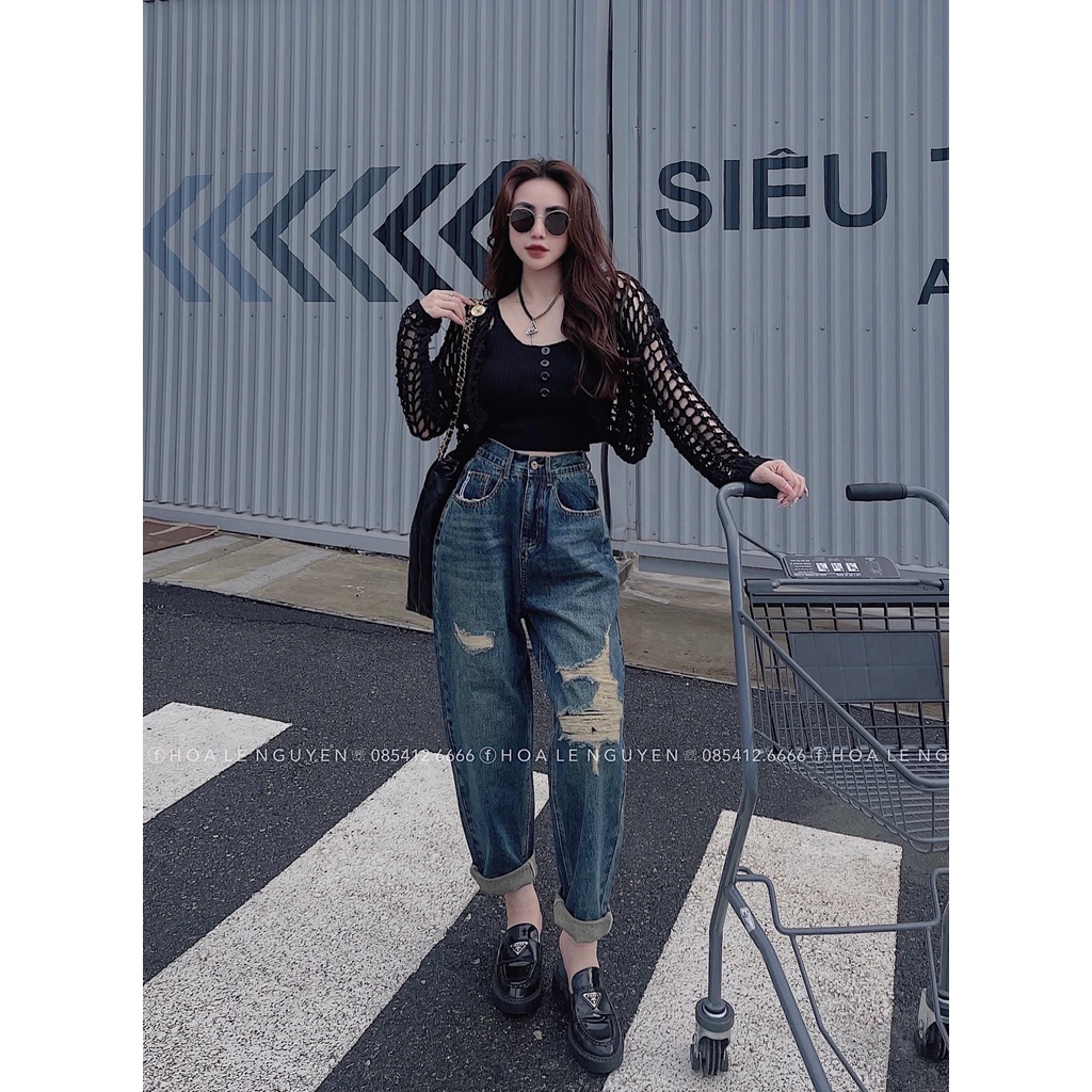 Quần jean baggy nữ ulzzang lưng cao cắt lai tua kèm rách gối cá tính SM53