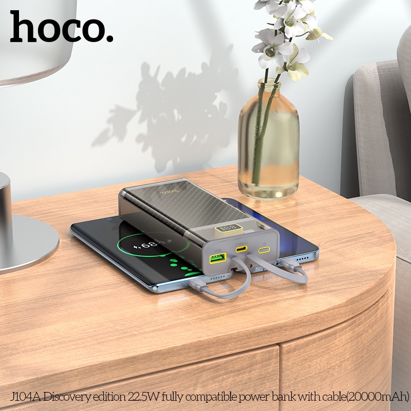 Pin dự phòng Hoco J104A 20000mAh QC3.0 22.5W, PD TypeC 20W, Kèm 2 cáp sạc (Xám) - Hãng phân phối