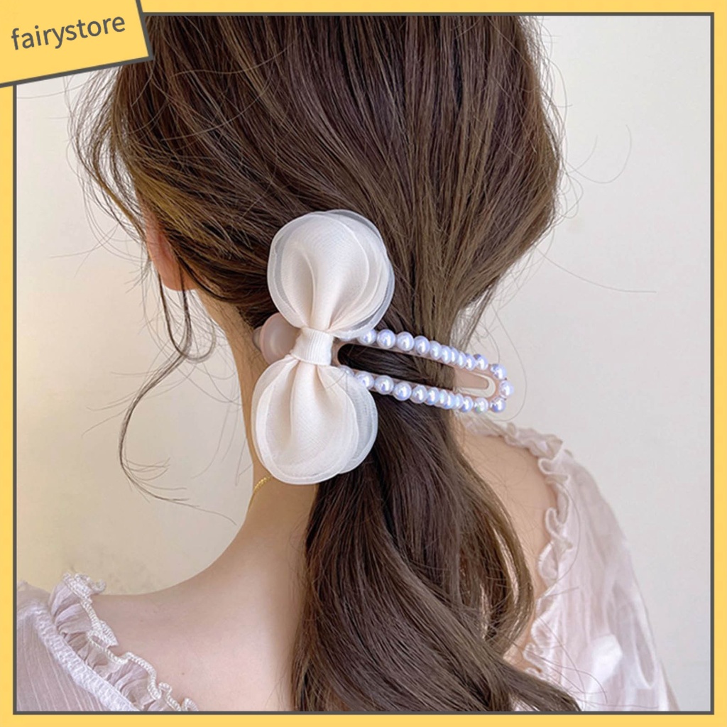 [Fairy1] Kẹp Tóc Càng Cua Đính Ngọc Trai Giả Thắt Nơ Rỗng Bằng Sợi Acrylic Chắc Chắn Cho Nữ