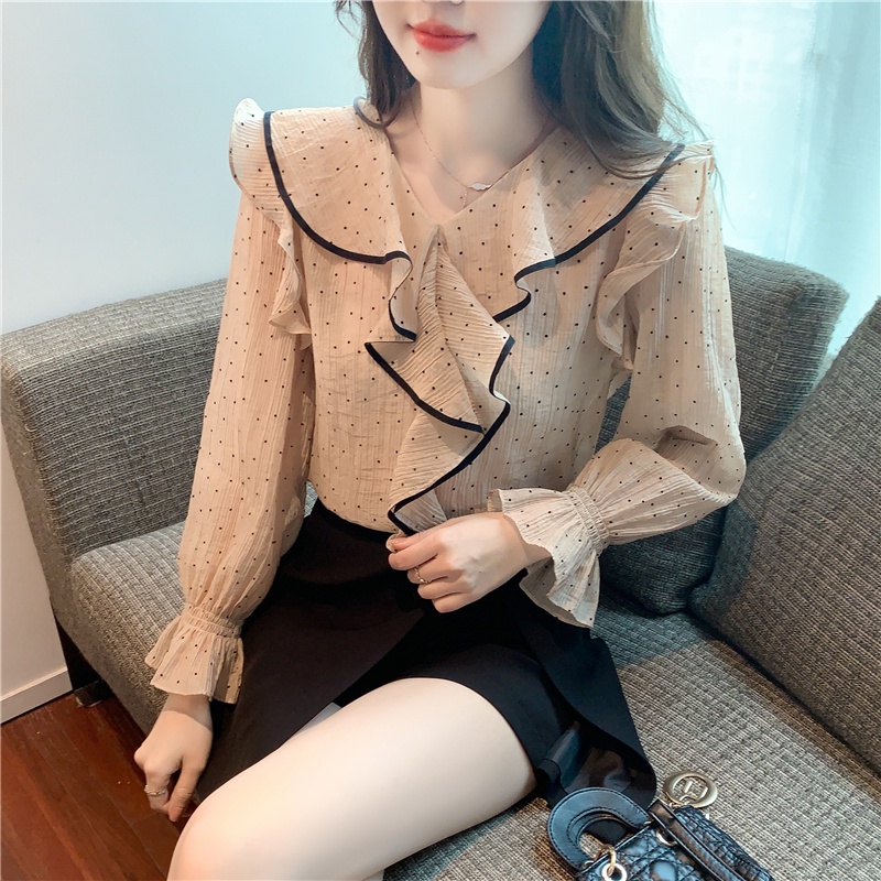 Áo Sơ Mi Ren Mỏng Tay Dài Phối Bèo Họa Tiết Chấm Bi Màu Sắc Tương Phản Thời Trang Mùa Xuân 2023 Cho Nữ