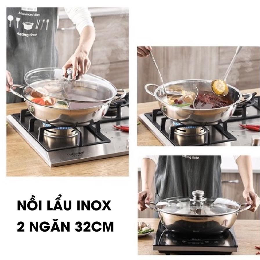 Nồi Lẩu 2 Ngăn Kích Thước 30-32cm có nắp kính Nấu Được Các Loại Bếp Tiện Lợi Đa Chức Năng Chính hãng Fujika