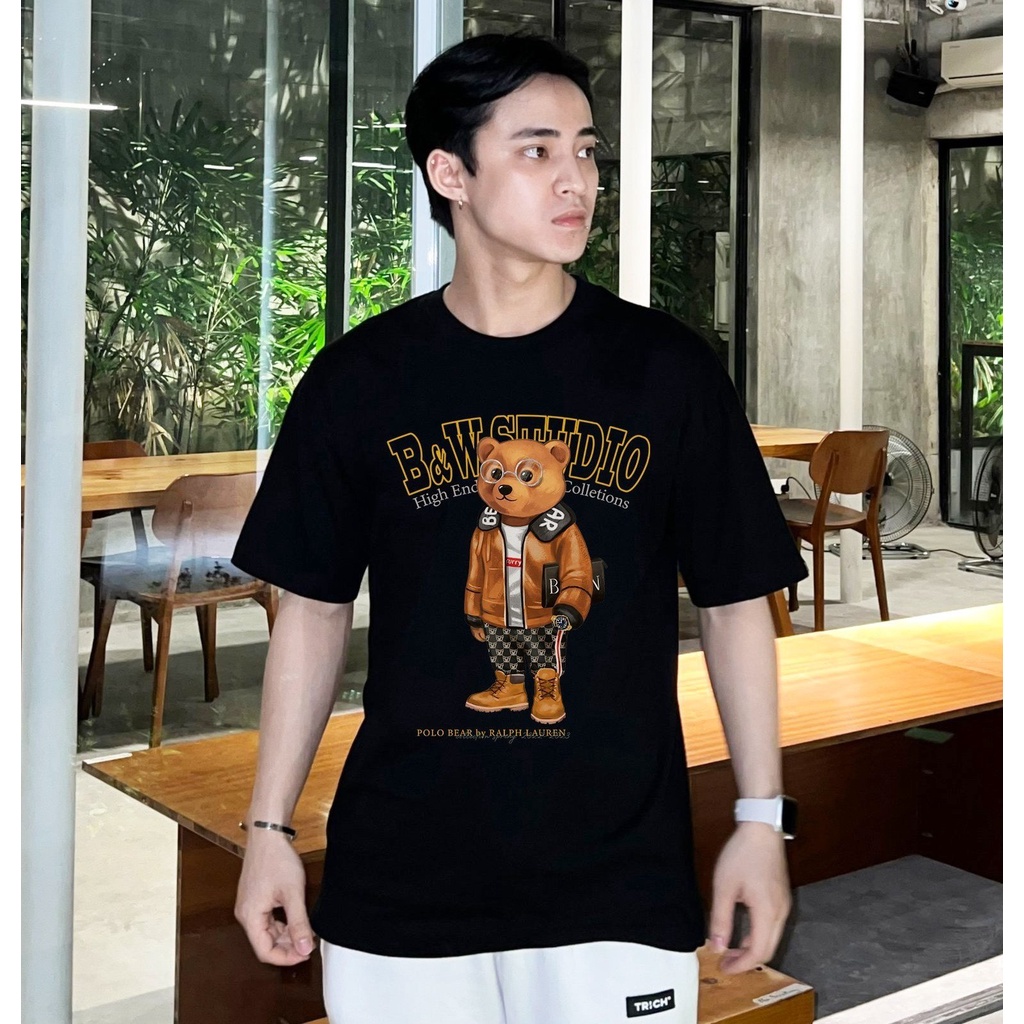 Áo Phông Cổ Tròn Họa Tiết Gấu STUDIO Mắt Kính Siêu Hot, Cotton Khô 100% Mẫu Thật