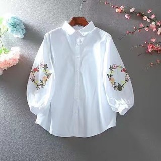 White Cotton Shirt Women's Half Sleeve Summer New Women's Loose Slimming Embroidery Lantern Sleeve White Shirt Half Sleeve