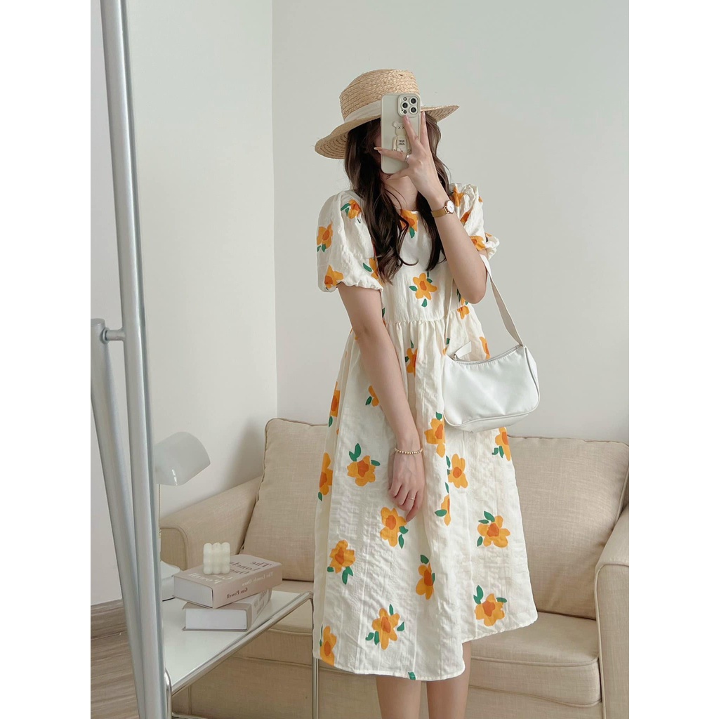 Váy Đầm nữ hoa cam babydoll đi du lịch xuân biển cổ tròn body dáng dài tay ngắn thiết kế vintage