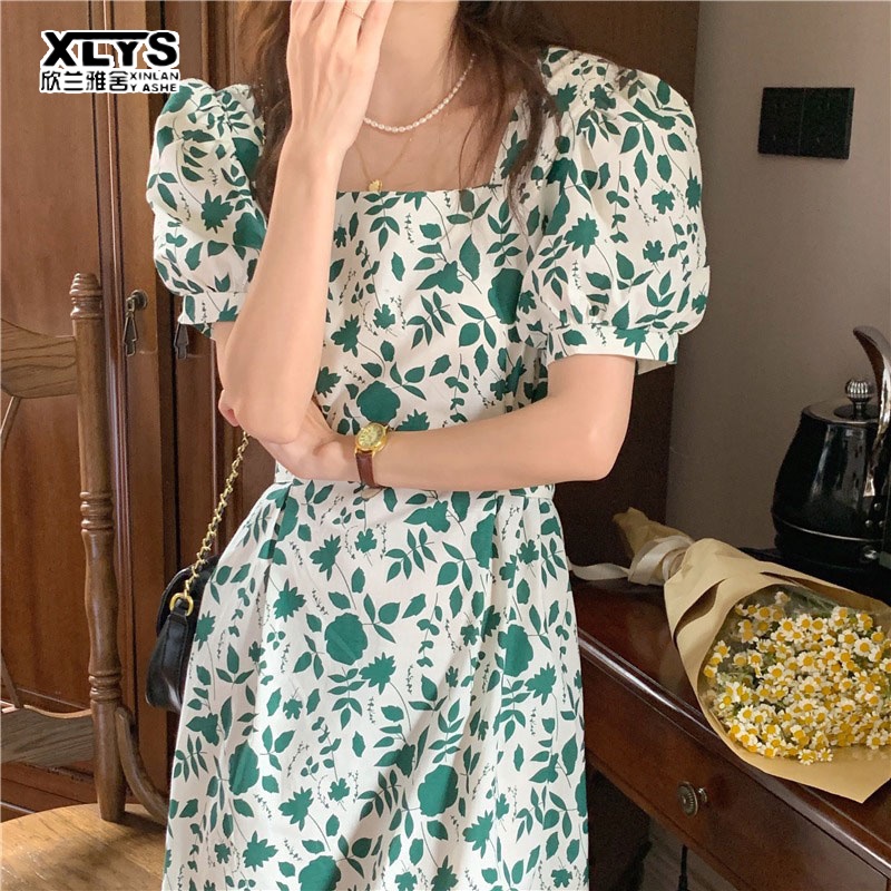 Đầm dài XINLANYASHE vừa vặn tay phồng họa tiết hoa thời trang Hàn Quốc 2023 dành cho nữ