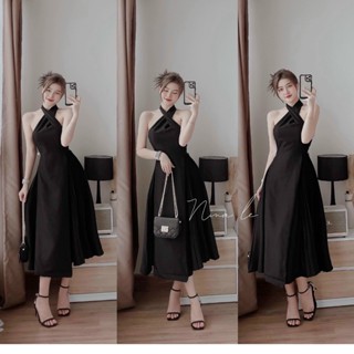 [3.3 Sales Freeship] Váy đầm nữ dự tiệc dáng xòe cổ yếm, đầm maxi cổ chéo dáng váy dài qua gối xinh đẹp dx