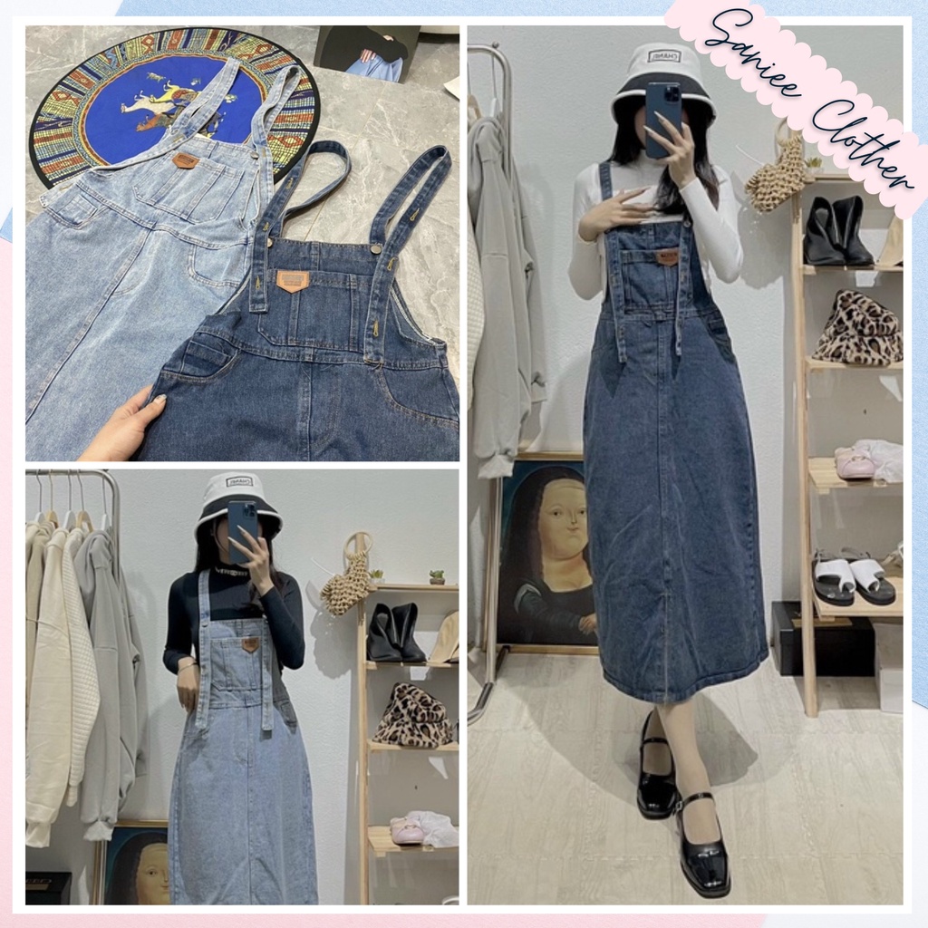 Váy yếm jean nữ phối túi lớn trước ngực, Váy yếm bò dáng dài chất denim dày dặn không co giãn 2 màu SanieeClothes