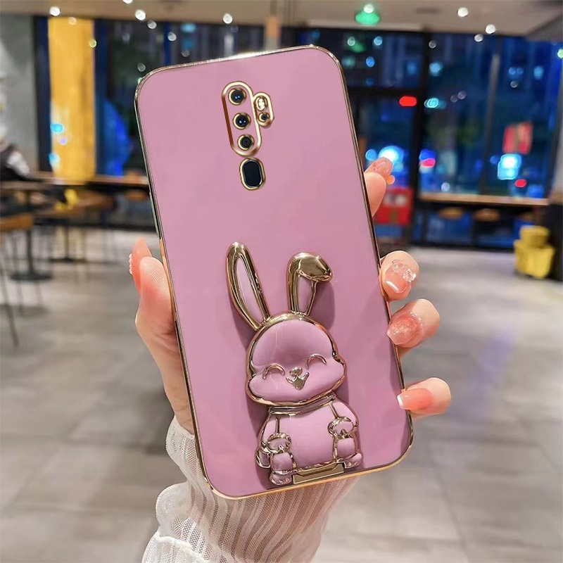 Ốp Điện Thoại Siêu Mỏng Mạ Điện Họa Tiết Thỏ Cười Sang Trọng Kèm Giá Đỡ Chống Rơi Cho OPPO A9 2020 A5 2020 Sự Bảo