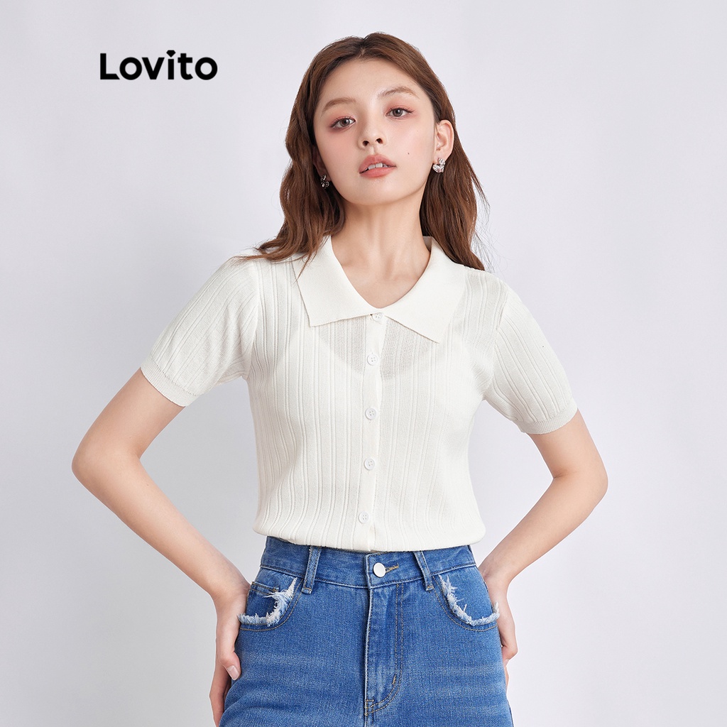 Lovito Áo Dệt Kim Màu Trắng Trơn Cài Nút Cổ Bẻ Thời Trang Cho Nữ L36AD005