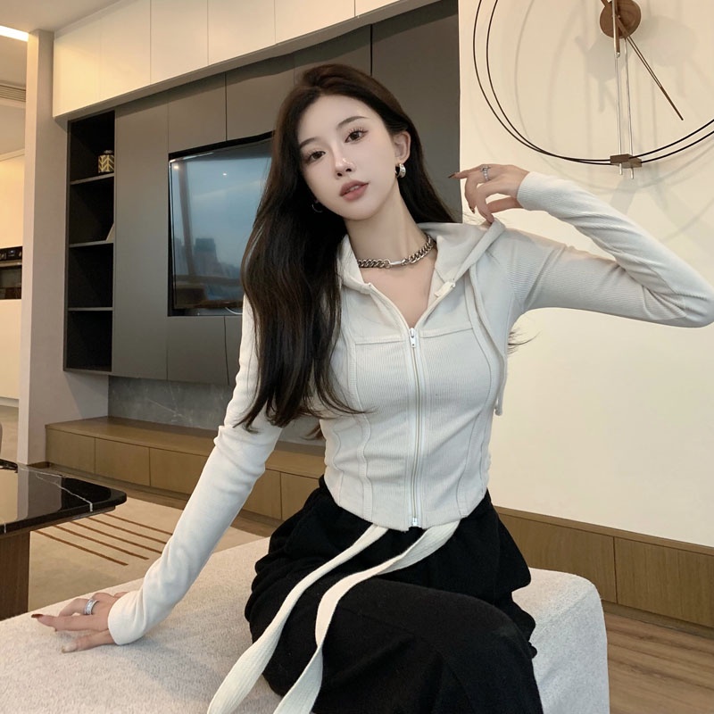 Áo Khoác Cardigan Dệt Kim Tay Dài Có Mũ Trùm Dáng Ngắn Phong Cách Mới 2023 Thời Trang Xuân Thu Cho Nữ