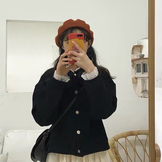 Áo cardigan len tay viền ren tiểu thư