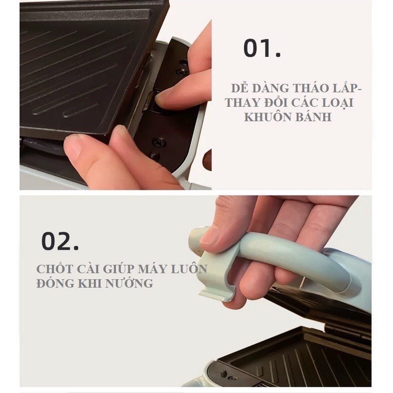 Máy Nướng Bánh Mì - Máy Kẹp Bánh Mì Mini Ép Sandwich, Rán Trứng, Làm Đồ Ăn Sáng, Nướng Thịt 2 Mặt Đa Năng Chống Dính Tốt