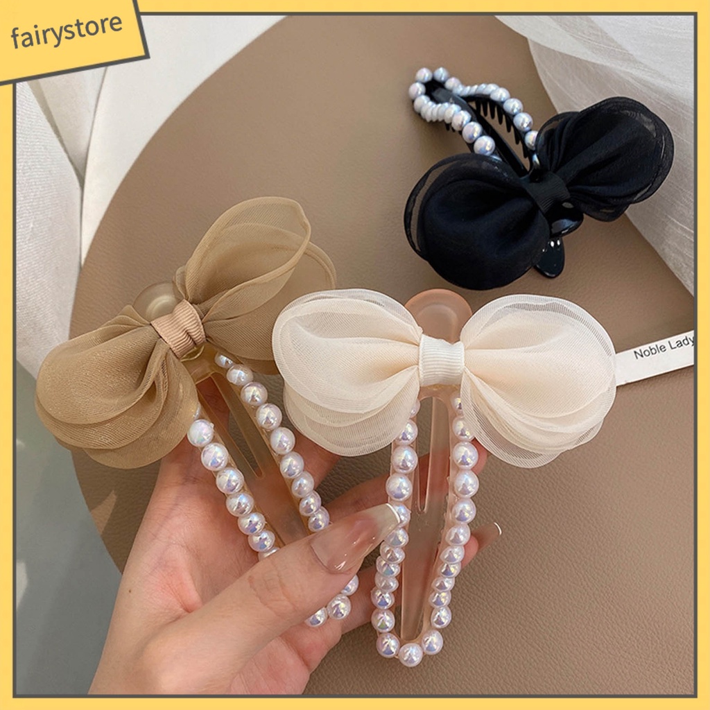 [Fairy1] Kẹp Tóc Càng Cua Đính Ngọc Trai Giả Thắt Nơ Rỗng Bằng Sợi Acrylic Chắc Chắn Cho Nữ
