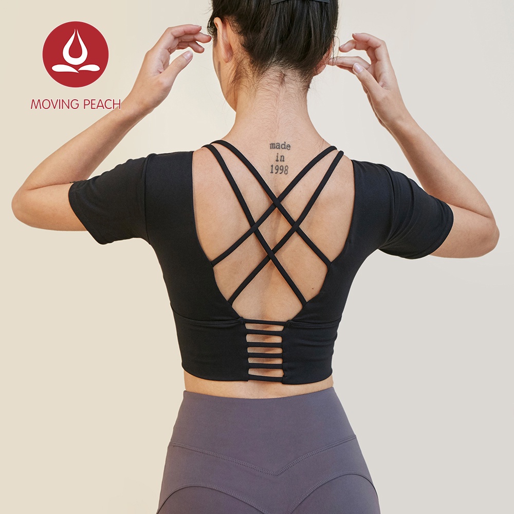 MOVING PEACH Áo thun thể thao croptop tay ngắn có đệm ngực thời trang yoga dành cho nữ ATH