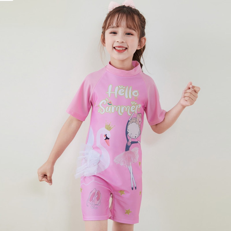 Bộ đồ bơi liền thân IQ ANGEL tay ngắn họa tiết hoạt hình dễ thương cho bé gái