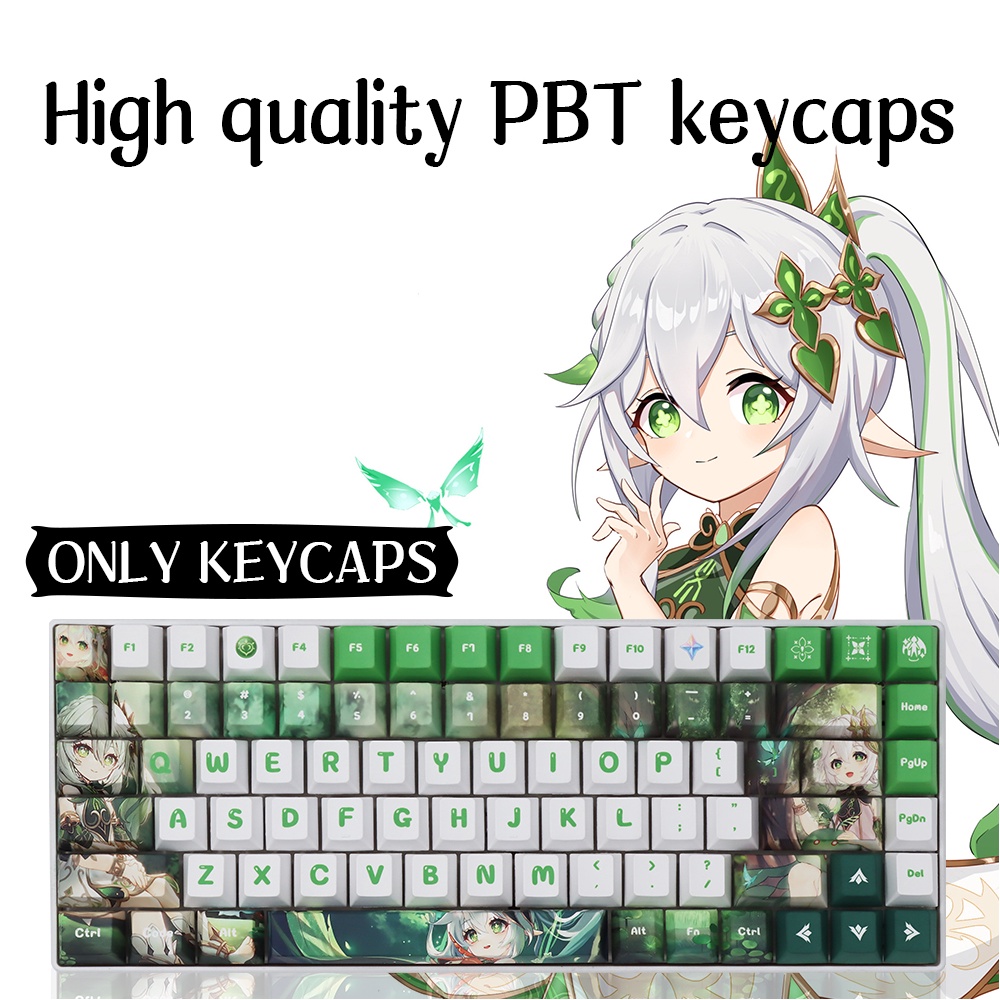 Genshin Impact Nahida Keycap PBT 136pcs Cherry Profile Set 136 Nút Bàn Phím Cơ Màu Trắng / Xanh Lá In Hình Hoa Anh Đào Xinh Xắn