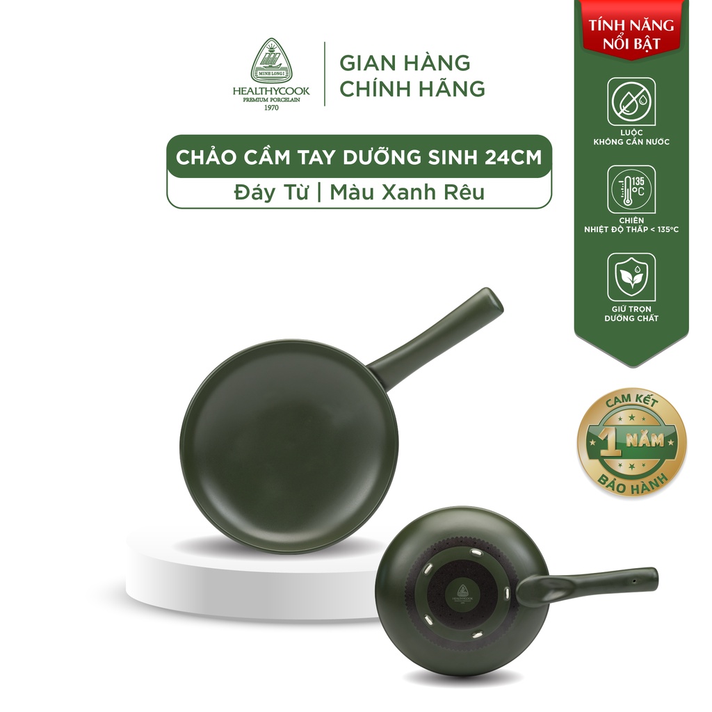 Chảo Tay Cầm Dưỡng Sinh Minh Long 24 cm - Xanh Rêu - Dùng Cho Bếp Từ