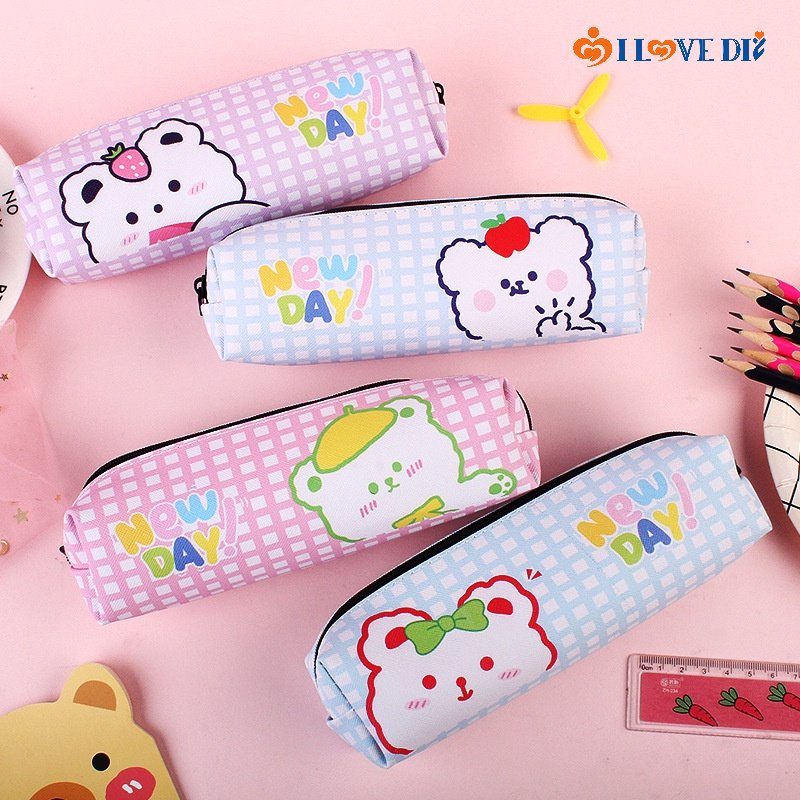 (exquise) Ins Túi Đựng Bút Bằng Da PU Chất Lượng Cao Chống Mài Mòn Họa Tiết Gấu Hoạt Hình Cho Học Sinh