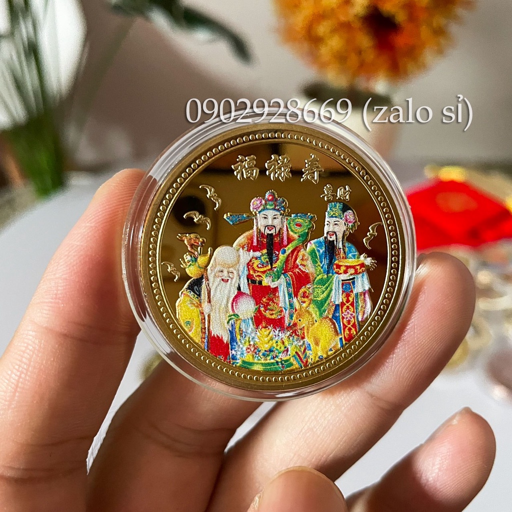 Đồng Xu Phúc Lộc Thọ (Tam Đa) in màu tinh sảo, sưu tập, quà tặng may mắn