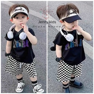 Bộ áo thun cotton phản quang mix quần đùi kẻ style hàn quốc -Jenny kids
