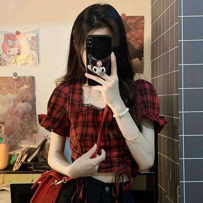 Áo Nữ Tay Ngắn Phồng Họa Tiết Caro Thời Trang