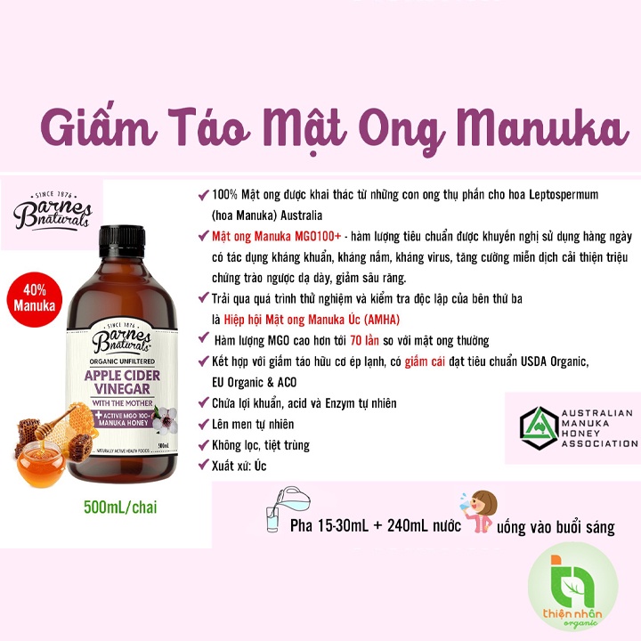 Giấm táo hữu cơ Barnes Naturals (có giấm cái) - Organic Apple Cider Vinegar (with mother)