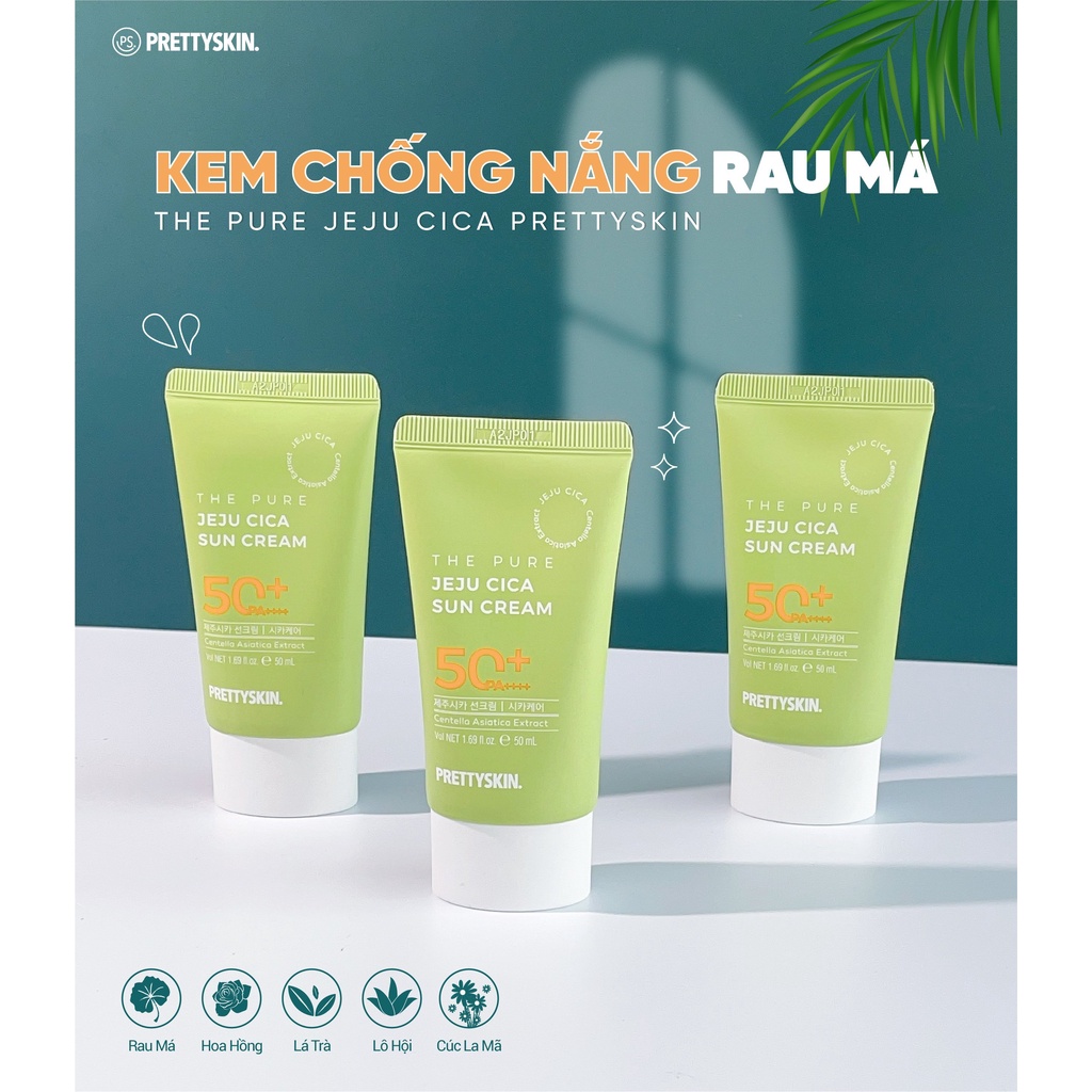Kem Chống Nắng Rau Má JEJU CICA PRETTYSKIN, Không Gây Bết Dính, Cho Cả Da Nhạy Cảm SPF50+ PA++++ 50ml