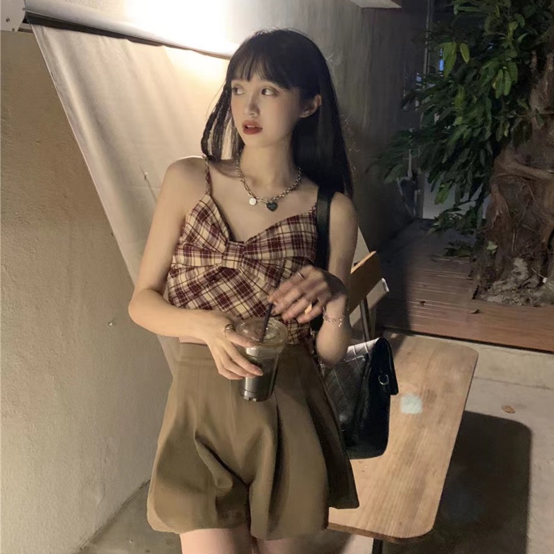 Áo Hai Dây Dáng Ngắn Màu Sắc Tương Phản Phong Cách Hàn Quốc Quyến Rũ