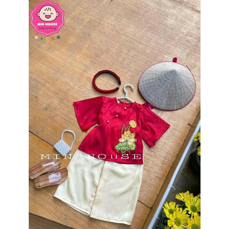 (10-20kg) Set bà ba tay lửng thêu hình hoa sen cho bé gái diện lễ Tết, du Xuân, đi chùa (Không kèm băng đô)