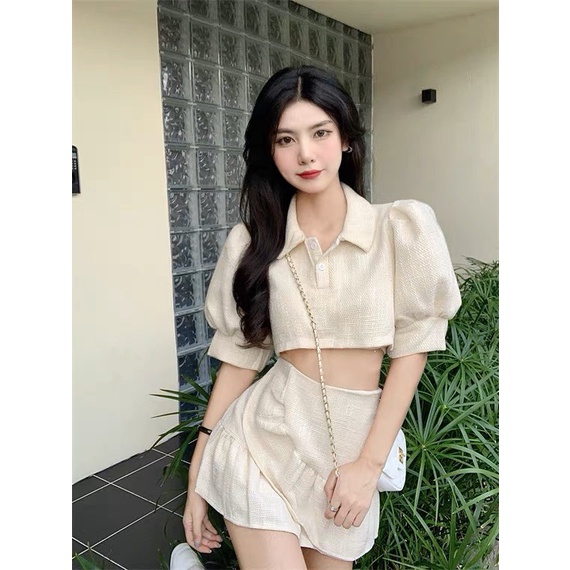 Set váy tiểu thư áo croptop mix chân váy đuôi cá hai lớp DELIZ, dự tiệc sang trọng