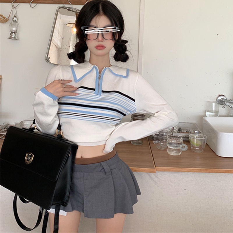 IELGY  Áo sweater Dệt Kim Cổ polo Kẻ Sọc Màu Sắc Tương Phản Ngọt Ngào Cho Nữ