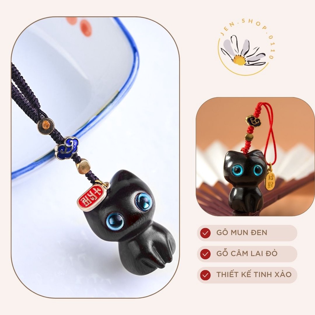 Móc Khóa Mèo Mun Đen Mắt Xanh - Dây Đeo Điện Thoại - Kèm Hộp Gấm Sang Trọng - Gỗ Cẩm Lai - Phụ Kiện Quà Tặng Phong Thủy