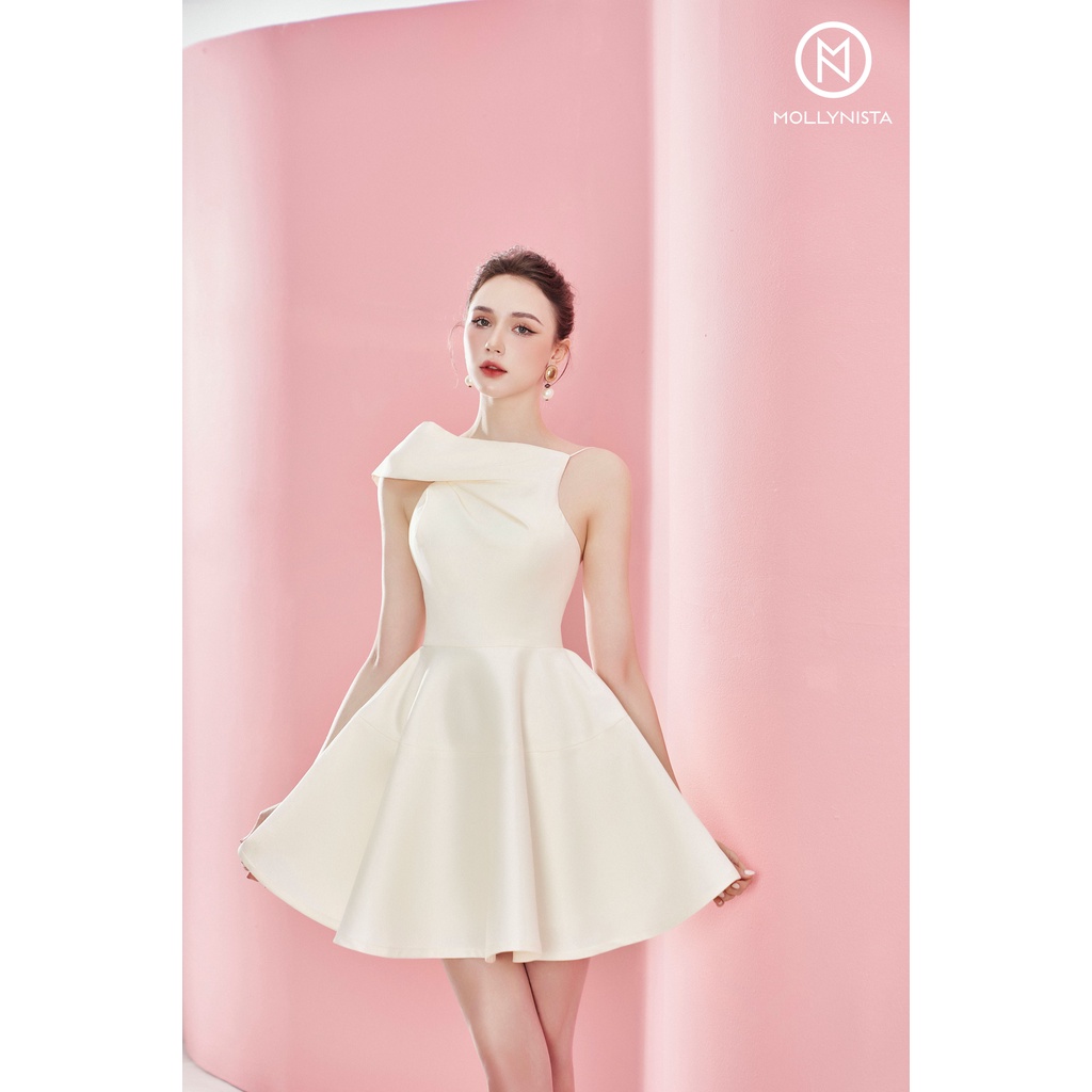 MOLLYNISTA - Đầm taffeta xếp ly chéo góc cổ thanh lịch nữ tính thiết kế cao cấp tôn dáng