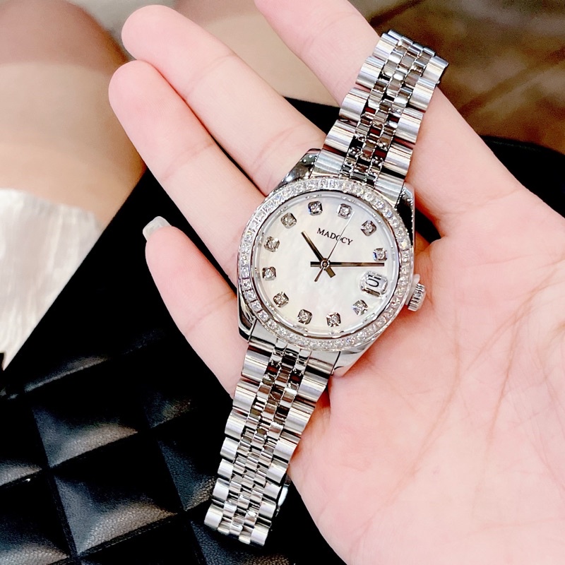 Đồng hồ nữ Madocy 81697 chính hãng mặt tròn đính đá dây kim loại siz 31mm