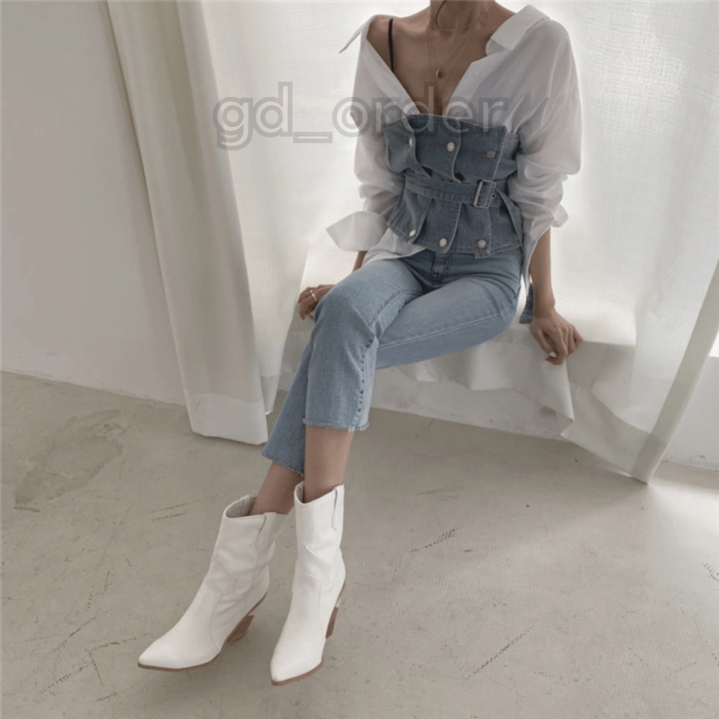 A30|Áo sơ mi nữ basic hàn quốc phối croptop jeans bò cá tính đi chơi, học gd_order