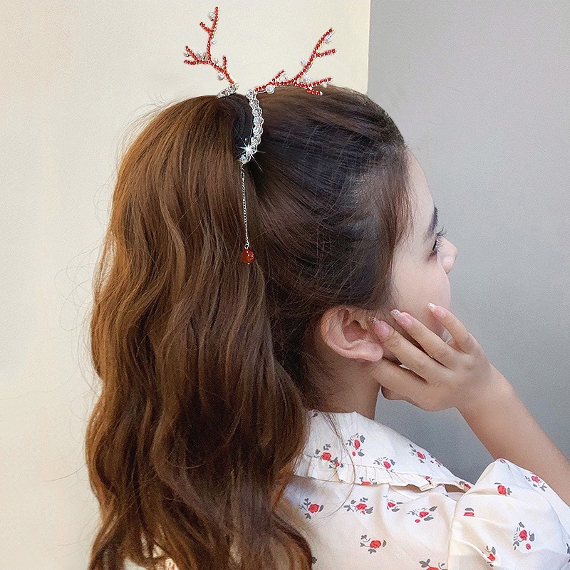 Kẹp Tóc Hình Sừng Hươu Đính Hạt Và Tua Rua Sang Trọng
