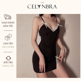 Váy ngủ dáng ôm sexy phối ren nơ xẻ đùi gợi cảm THE CELYNBRA - V5