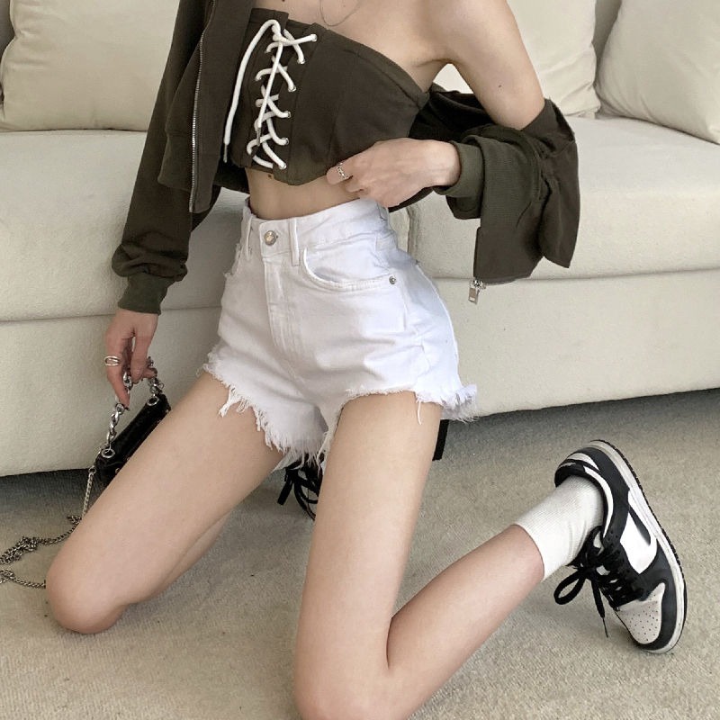 【GIRL.ID】Quần Short Jean Nữ Rách trắng ngắn thời trang thời trang lửng lưng cao bigsize
